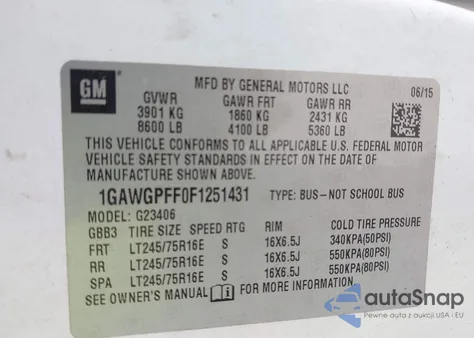 2015 Chevrolet Express G2500 Ls z USA, uszkodzony, nr VIN 1GAWGPFF0F1251431